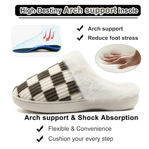 Image of Yueerlu House Slippers for Women Men, Fuzzy Checkered Mens Womens Slippers Warm Memory Foam House Shoes Indoor Outdoor with Faux Fur Lining