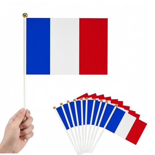 Lot De 10 Petit Drapeau Francais,LERKNVOE Mini Drapeau Français Avec Tige,Drapeaux à Main,Pour Fête Nationale, Matchs de Foot, Coupe du Monde, Décoratifs d'Extérieur