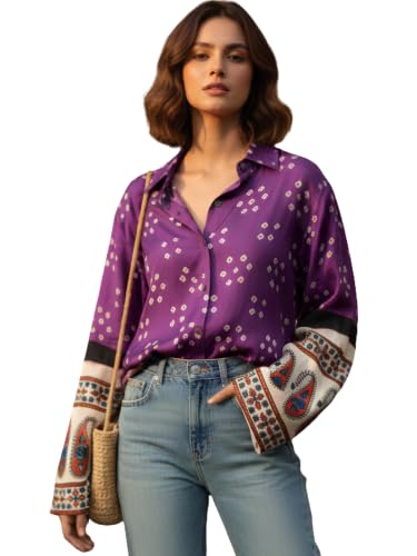 Image of GRECIILOOKS Women Printed Formal Shirt | Stylish Office Top | Casual Full Sleeve Shirts | Trendy Summer Tops | Smart Casual Printed Top for Women's | French Crep Button Down Modern Fit