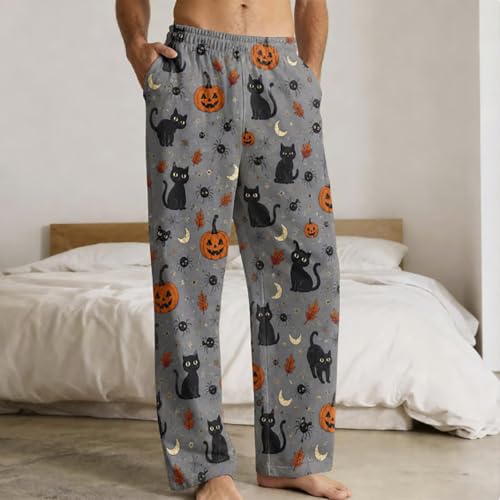 YVENLG Halloween Pajamas Pj Pants,Mens Halloweens Pajamas Pj Costumes for Men,Halloween Pajama Pants Men,Funny Pumpkin Cat Print Fall Loose Fit Elastic Unisex Wide Leg Lounge Pjs Pant 01 Grey M - image 2
