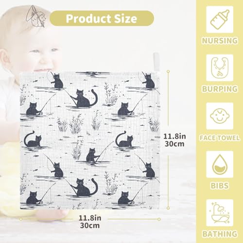 Image of vvfelixl Cat Fishing Baby Burp Cloths Baby Muslin Washcloths for Boys Girls Cotton Babys Face Towel for Newborn Infants Soft and Absorbent 11.8 X 11.8 in, 5 Pack