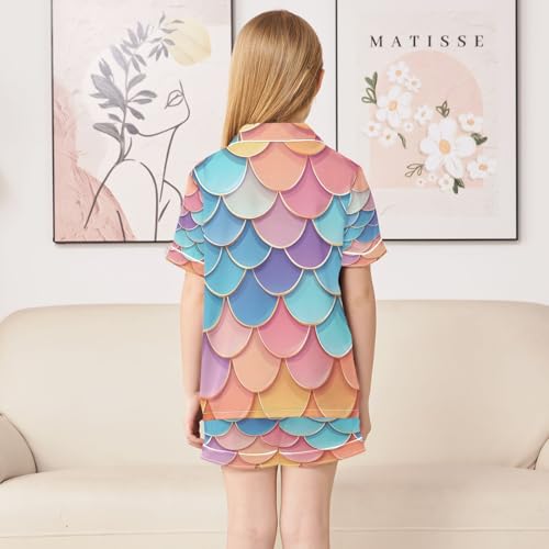 ALAZA Colored Mermaid Scales Yellow Blue Satin Pajamas Set Short Sleeve Button Down Sleepwear Summer Pjs 2 Piece4