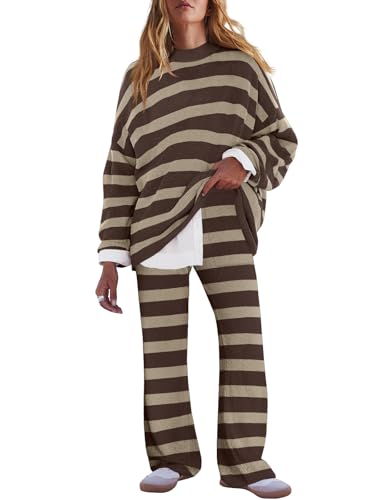 Image of LAMISSCHE Oversized Womens Lounge Set Striped Sweater Set Long Sleeve 2 Piece Pajama Set Top and Pants with Pockets