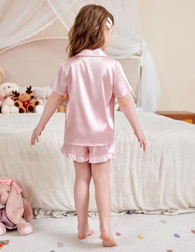 Image of Arshiner Girls Pajamas Silk Satin Pajama Set Button Pjs Ruffle Sleepwear | 2 Piece Nightwear, Silky Soft Lounge for Little & Big Kids, Ideal for Sleeping and Sleepover Party