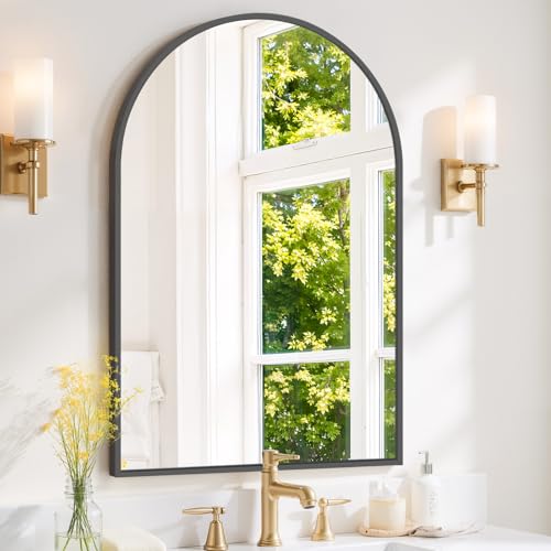 Arched Wall Mirror 38x26 Inch Black Bathroom Vanity Mirror with