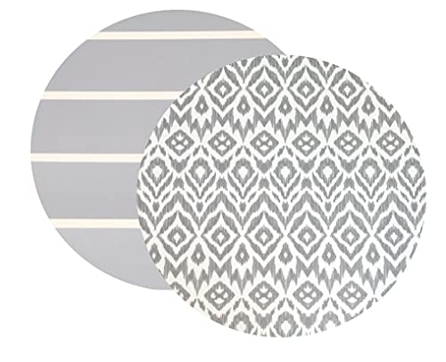 Baby Play Mat | One-Piece Reversible Foam Floor Mat | Large | Eco-Friendly | Extra Soft | Non-Toxic | Baby | Toddlers | Kids (Grey Ikat + Stripe, Round)