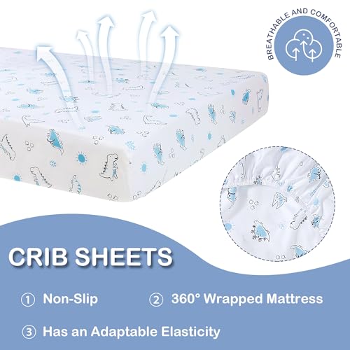 Image of Dinosaur Crib Bedding Set for Boys 4pcs,Baby Nursery Bedding Crib Set Including Quilt,Skirt,Sheet, Blanket.Blue Crib Sets