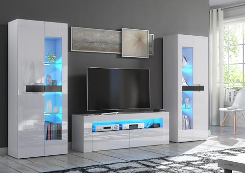 Furneo MilClif 13 – High Gloss & Matt White Living Room Set, TV Stand & Display Cabinets, Blue LED Lights