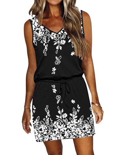 Image of AUSELILY Womens Summer Sleeveless V-Neck Drawstring Waist Beach Cover up Mini Short Swing Dresses with Pockets