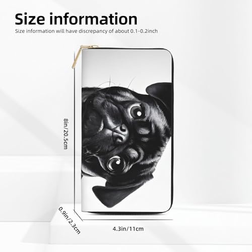 Leather Wallet for Women Ladies Novelty Printed Around Zipper Long Wallet Phone Purse Credit Card Holder, Cute Black Pug Dog4