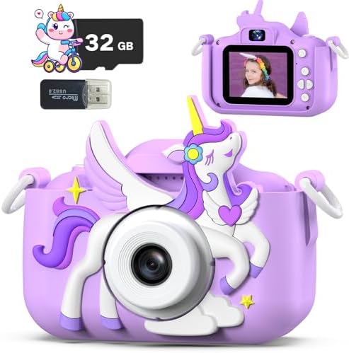 Mgaolo Children's Camera Toys for 3-12 Years Old Kids Boys Girls,HD Digital Video Camera with Protective Silicone Cover,Christmas Birthday Gifts with 32GB SD Card (Unicorn Purple)