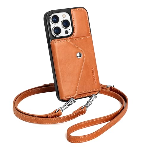 LUCKYCOIN クロスボディ スマホケース iPhone 15 Pro用、100%本革携帯電話ウォレットケース、プレミアムハンズフリー電話財布 拡張可能なフリップカードホルダー&調節可能なストラップ付き - レトロブラウンの商品画像（Amazon）