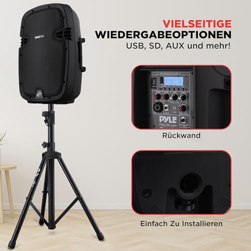 Pyle PA Anlage, 1000W- PA Anlage Komplettset, Lautsprecher mit Mikrofon, Partybox Bluetooth, DJ Lautsprecher- mit 2- Boxenständer, USB/SD/MP3/AUX, Fernbedienung, Aktive/Passive- Lautsprecher Paar