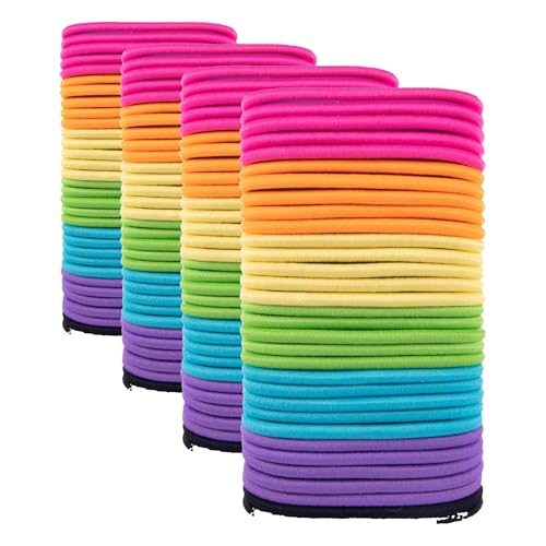Image of Amazon Basics No Damage Elastic Hair Ties, Ponytail Holders for Thick Hair, No Pull, Secure Hold, Snag-Free, Bright 4 MM Elastics for All Types, 32 Count (Pack of 4)