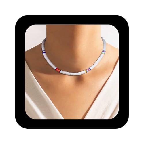 Allereya Collar De Gargantilla Vintage Heishi Surfer De Cuentas De Vinilo De Disco Y Arroz - Joyas Para Mujeres Y Niñas (Blanco)