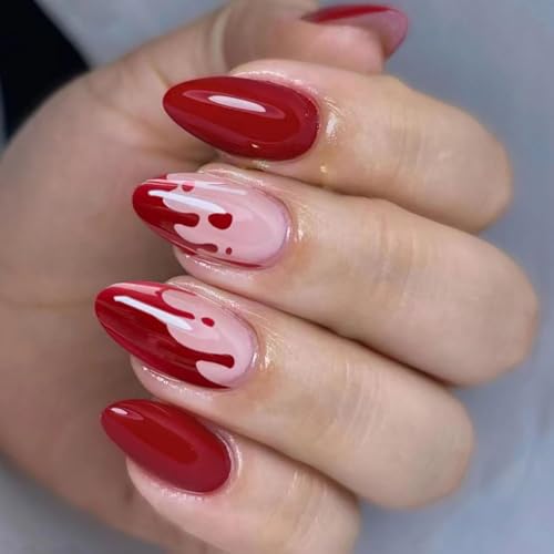 Halloween Press on Nails Almond Fake Nails with Blood Droplet Des...