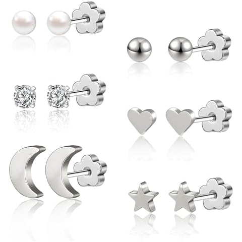AOEDEJ 6 Pairs Gold Silver Stud Earrings Set Flowers Flat Earring Backs Small Stud Earrings for Women Hypoallergenic Stainless Steel Stud Earrings for Women Cover