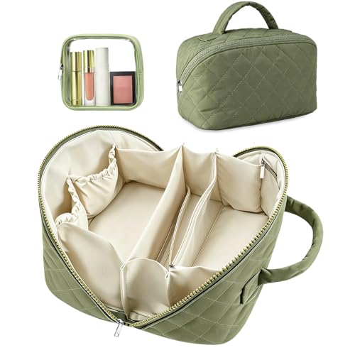 Image of Travel Makeup Bag for Women Flat Lay Makeup Bag Large Capacity Make up Bag with Compartments & Clear Brushes Pocket & Wet Pocket,Toiletry Bag,Portable Make Up Case for Travel (Green)