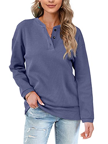 Aokosor Womens Sweatshirts Ladies Jumpers For Women Uk Long Sleeve Tops Ladies Loose Sweatshirts With Buttons Plain Size 14-16 Purple Blue