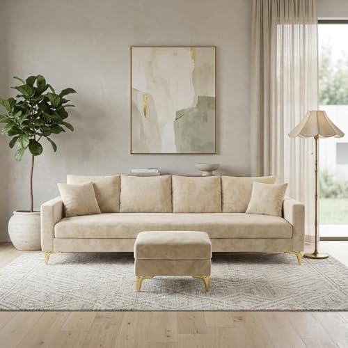Image of Classiq Rich 5 Seater L Shape Sofa Set with Movable Ottoman | Flexible Layout | Spacious Soft Touch Seating | Designer Sofa for Living Room (Cream)