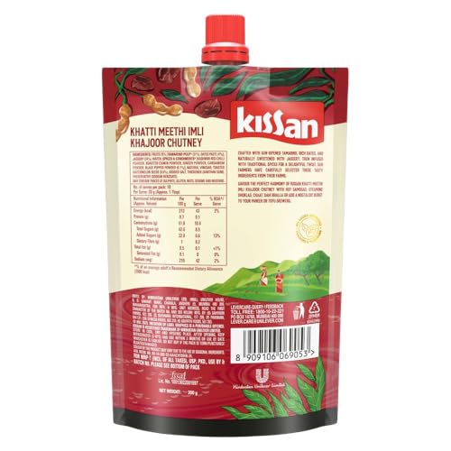 Image of Kissan Khatti Meethi Imli Khajoor Chutney, Tamarind Date Chutney, 200g, For Authentic Indian Taste, With Dates Paste & Tamarind Pulp, Silbatta Like Texture, Free From Artificial Flavors (Pack of 2)