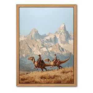 Framed Vintage Dinosaur Cowboy Wall Art, Wilderness Ranch Spooky Cowboy Riding Dinosaur Picture Wall Decor Paintings, Western Jurassic Canvas Prints Living Room Farmhouse Bedroom Home Decor-12x16inch