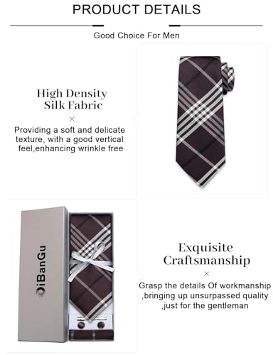 Image of DiBanGu Plaid Ties for Men Silk Checkered Necktie and Pocket Square Cufflinks Tie Clip Set with Gift Box for Wedding Business