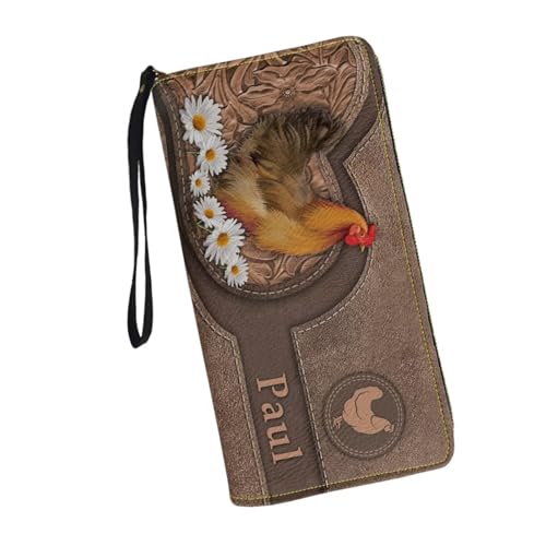 Image of Bulopur Custom Name Wallet for Women Daisy Chicken Wristlet Wallet Large Capacity PU Leather Zip Around Wallet Clutch Purse for Cash /Card /Coin /Smart Phone Envelope Long Wallets Travel Passport Holder