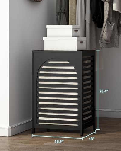 Laundry Hamper, 22.5 Gallon (85L) Bamboo Wood Clothes Laundry Basket with Lid and Handles, Removable Liner (Black, Large)
