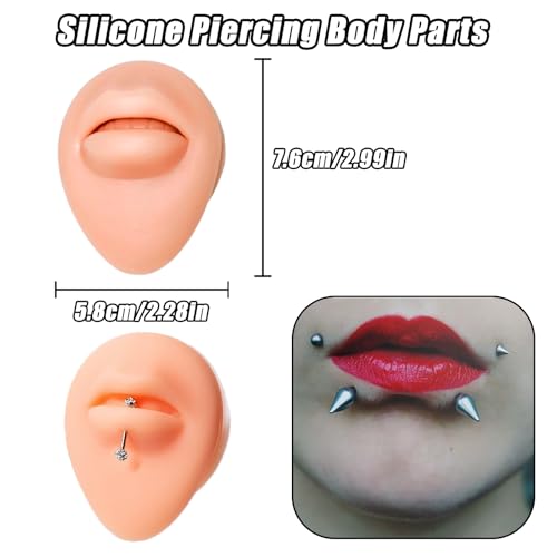 YONGDA 7Pcs Soft Silicone Piercing Body Parts with Display Stand - Realistic Ear, Nose, Lip, Tongue, Eyebrow, Belly Button Model Kit for Tattoo & Piercing Training