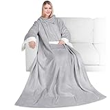 PAVILIA Deluxe Fleece Blanket with Sleeves for Adult, Men, and Women| Elegant, Cozy, Warm, Extra Soft, Plush, Functional, Lightweight Wearable Throw (Light Gray)
