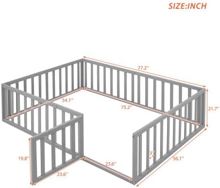 Walnut Large Children's Bed Frame, Solid Wood Floor Bed Frame, Bed Frame with Fence, with Door. (Gray)