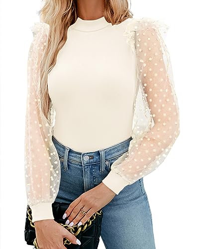 WAYMAKER Women's Mock Turtle Neck Polka Dot Sheer Mesh Puff Long Sleeve Bodysuit Blouses Tops Shirts