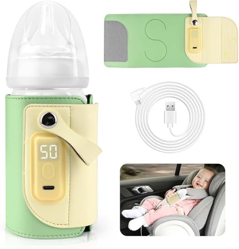 Portable Baby Bottle Warmer, USB Bottle Warmer Bag, 5 Gears Adjustable Bottle Warmer Cover with LCD Display for Milk and Baby Food, Green