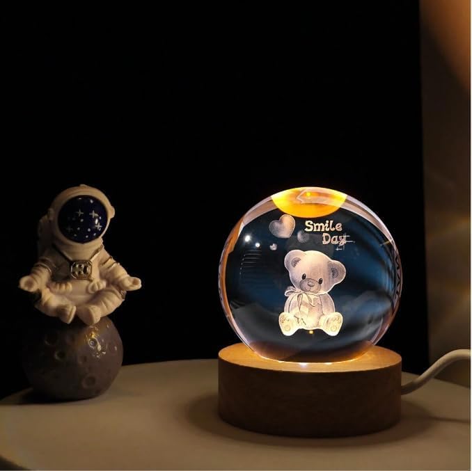 Image of Wishpitara 3D Teddy Crystal Ball LED Night Lamp, Cute Bear Engraved Night Light with Wooden Base, Warm White Lamp for Kids Room, Nursery Gift (Teddy)