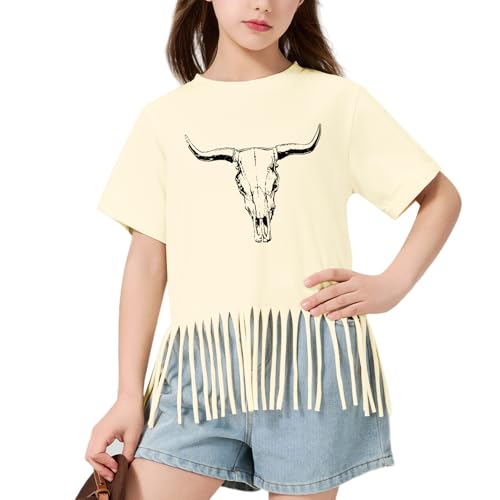Image of Wrenpies Girls Western Fringe Shirt Long Live Cowgirls Country Rodeo Shirts Kids Cow Skull Graphic Tees Tassel Fringe Tops