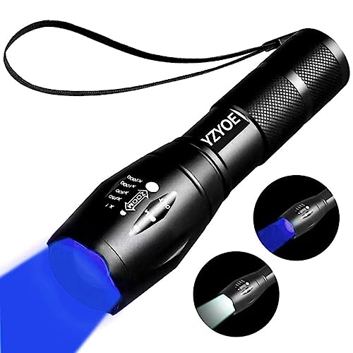 YZYOE 白色光と青色光の2 in 1懐中電灯、青色狩猟充電可能 屋外ズーム血液追跡灯狩猟戦術懐中電灯、2つのモード。