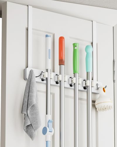 BS-VOG Over the Door Broom and Mop Holder Broom Hanger 4 Slots & 4 Hooks