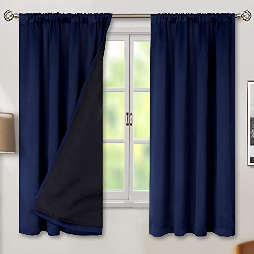 BFAM Store Thermal Insulated 100% Blackout Curtains for Bedroom with Black Liner, Double Layer Full Room Darkening Noise Reducing Rod Pocket Black Out Curtain 2 PC (Navy Blue, 5 FT (60INCH))
