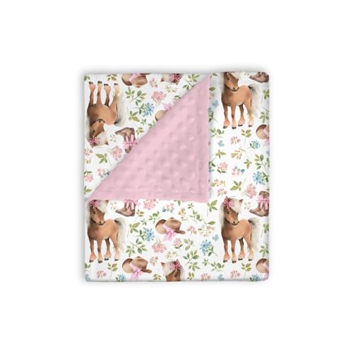 Image of Mink Baby Girl Blanket Western Cowgirl Pony Floral, Horse Pink Flower Hat Boot Soft Double Layer Dotted Backing Receiving Swaddle, Newborn Infant Toddler Nursery Crib Bedding Shower Gift 30x40