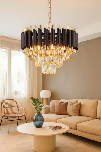 Image of TRIXY Rotating Crystals Chandelier Ceiling Light for Home & Decor | Color Changing LED | 360 Rotatable Crystals | Bluetooth Speaker | Remote Controlled | 2-Tier K9 Crystals, 300MM Black Gold Jhoomar