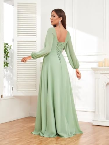 GATMAHE Chiffon Long Sleeve Bridesmaid Dresses for Women Ruffles Cowl Neck A Line Formal Dress with Slit2