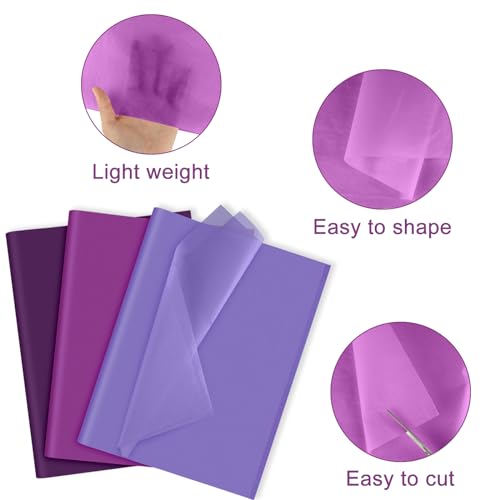 Image of NEBURORA Assorted Purple Tissue Paper Set 60 Sheets Gift Wrap Paper Violet Purple Crafts 3 Colors for Halloween DIY Arts and Crafts Wedding Birthday Holiday Gift Packaging and Party Decoration