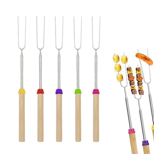 5 Pack Marshmallow Toasting Forks, Stainless Steel Telescoping BBQ Forks with Wooden Handle for Bonfire and Camping