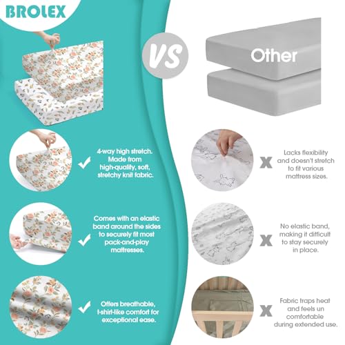 Image of Pack n Play Sheets, BROLEX 2 Pack Mini Crib Sheets,Stretchy Portable Fitted Playard Sheet Set, Convertible Playard Mattress Cover,Ultra Soft Breathable Material,Rose & Foliage