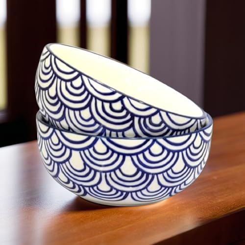 Image of KITTENS Ceramic Serving Bowls 350ml - Set of 2 - Blue Wave Handpainted Pattern | Microwave & Dishwasher Safe | Food Grade | Ideal for Soup, Pasta, Maggi, Cereal, Dessert & Daily Use