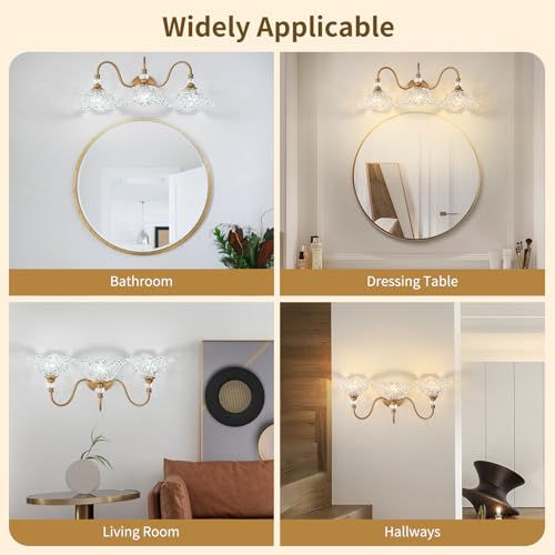Image of Vintage Bathroom Vanity Light, 3-Light Matte Deep Brass Finish Vanity Light with Flower-Shaped Clear Glass Shades, Retro Wall Sconce for Bathroom