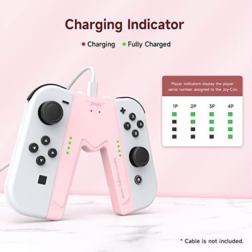 JINGDU Joy Con uchwyt do ładowania Nintendo Switch/OLED, wygodne ładowanie joysticka, kontroler do gier w kształcie litery V, ze wskaźnikami baterii, szybkie ładowanie podczas gry, różowy