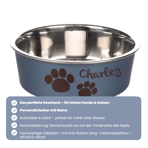 Hundenapf personalisiert aus Edelstahl S 450 ml Dunkelblau – rutschfest, leicht & hygienisch – Futter- & Wassernapf mit Namen für kleine Hunde & Katzen
