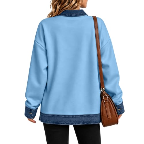 Polo Shirts for Women Denim Patchwork Button Collared Long Sleeve Top - image 6